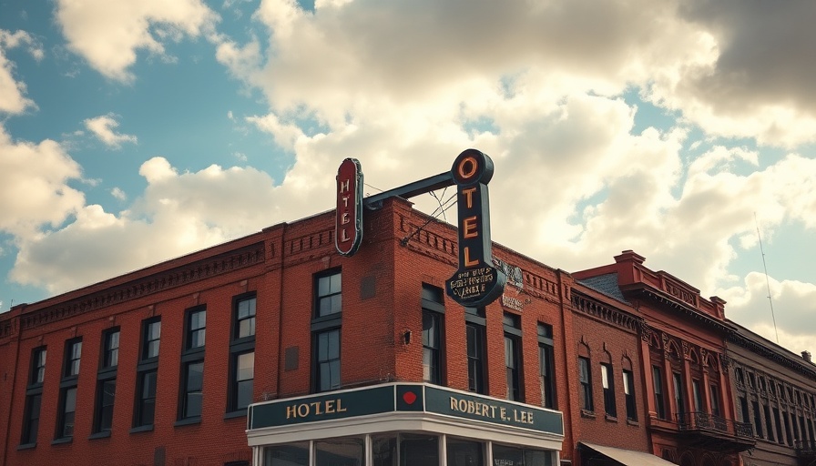 Robert E. Lee building with neon sign under a blue sky.