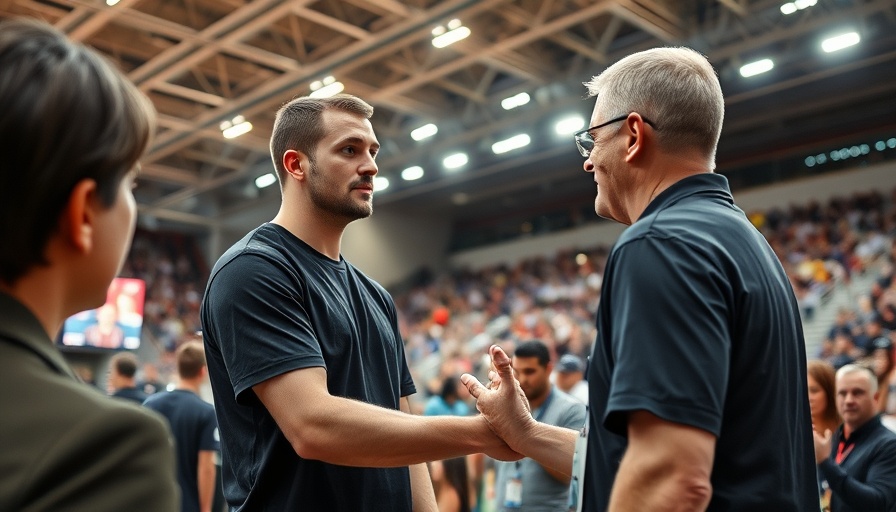 Sports event scene with a tall man thanking a staff member.