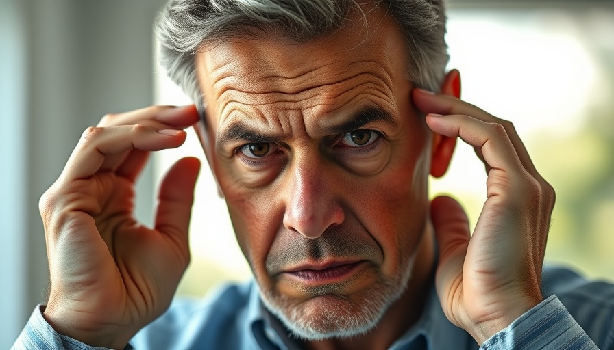 Man experiencing headache, holding temples in soft light.