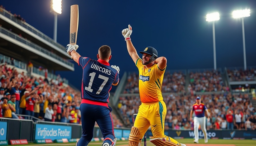 San Francisco Unicorns player celebrating win over Texas Super Kings in vibrant stadium.