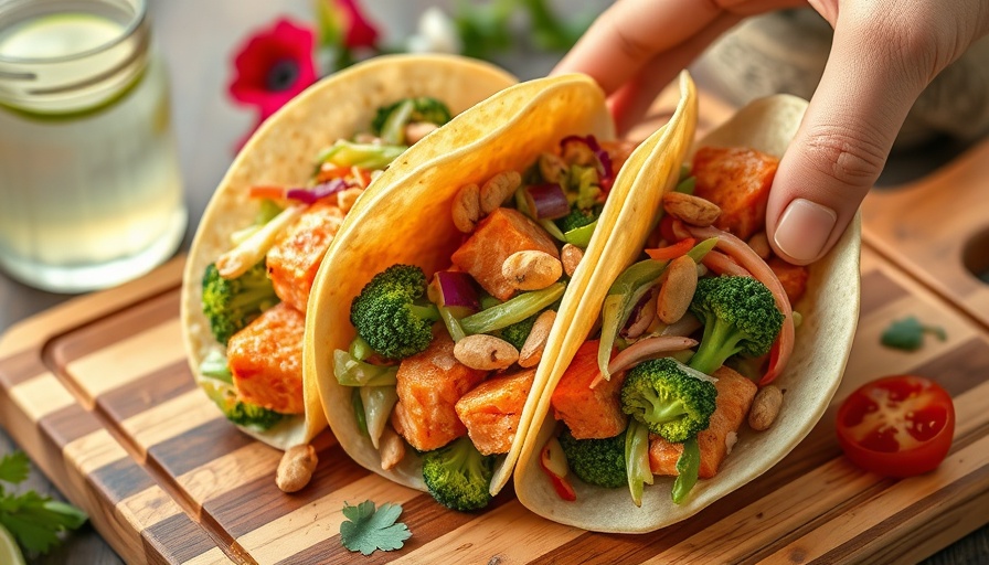 Kung Pao Salmon Tacos with Broccoli Slaw on wooden board, hand holding one.