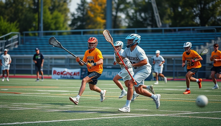 Lacrosse game with dynamic action, players in motion, sports field vibrant colors.