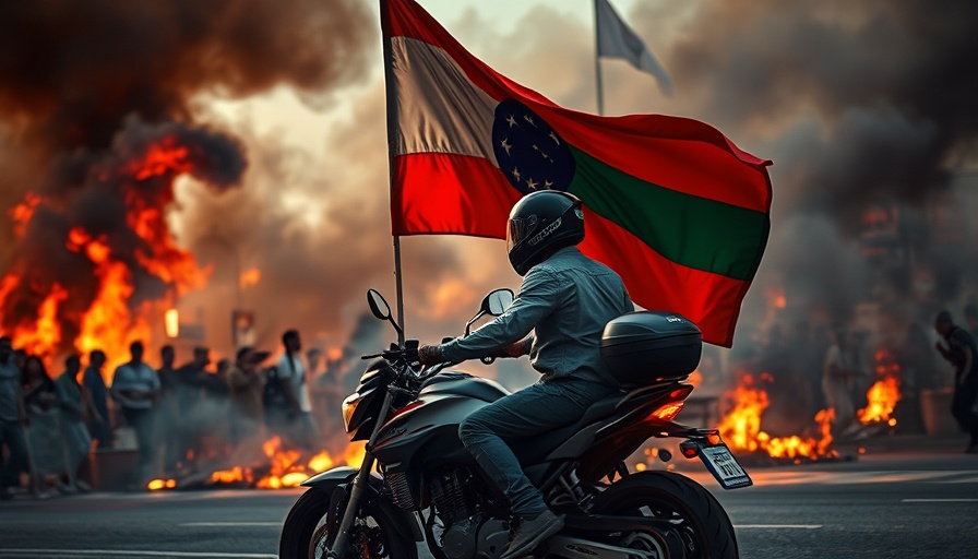 Protester on motorbike with flag in smoke, Los Angeles anti-ICE protests funding.