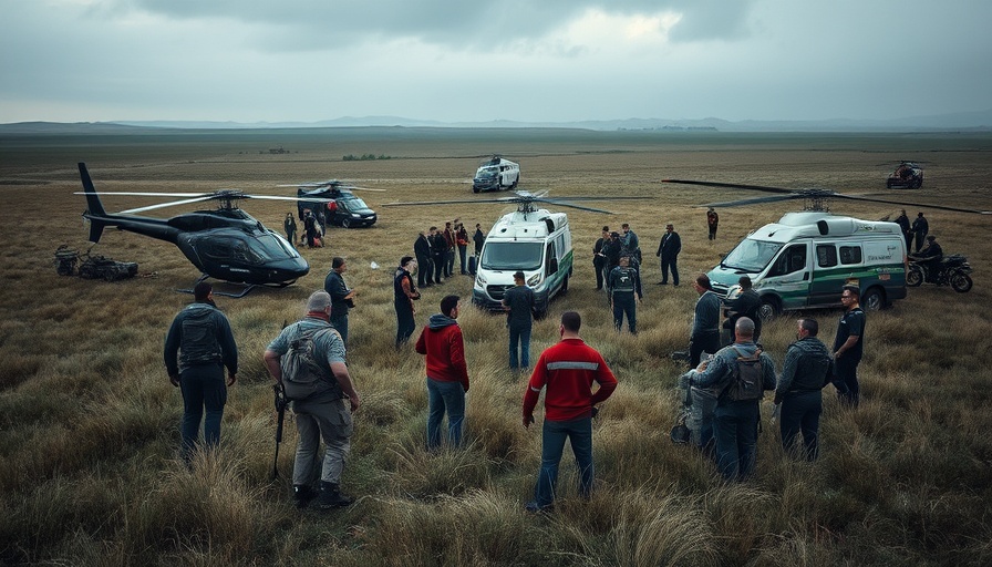 Emergency response team gathers at site; hot-air balloon tragedy response.