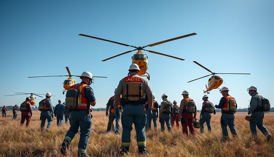 Emergency responders at hot-air balloon tragedy site with helicopters.