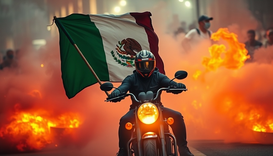 Los Angeles protest motorcycle with Mexican flag amid smoke and fire.
