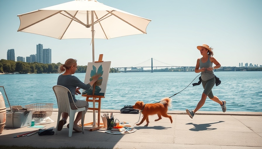 Artist painting by lake during Midwest heat wave, woman walking dog.