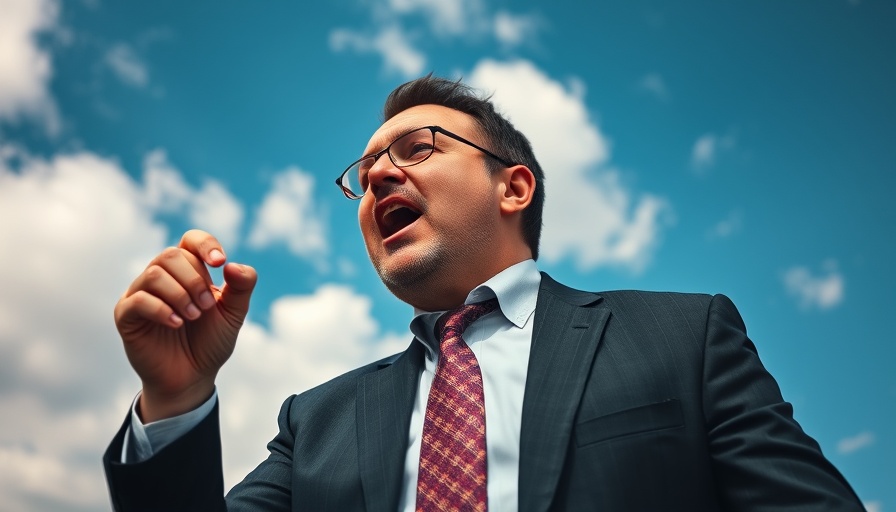 Passionate man speaking against a cloudy sky.