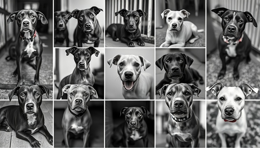 Monochrome collage of Texas shelter dogs in different poses.