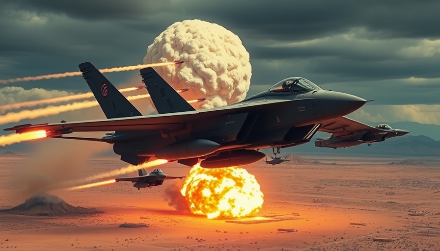 US military jets striking Iranian nuclear sites, aerial view.