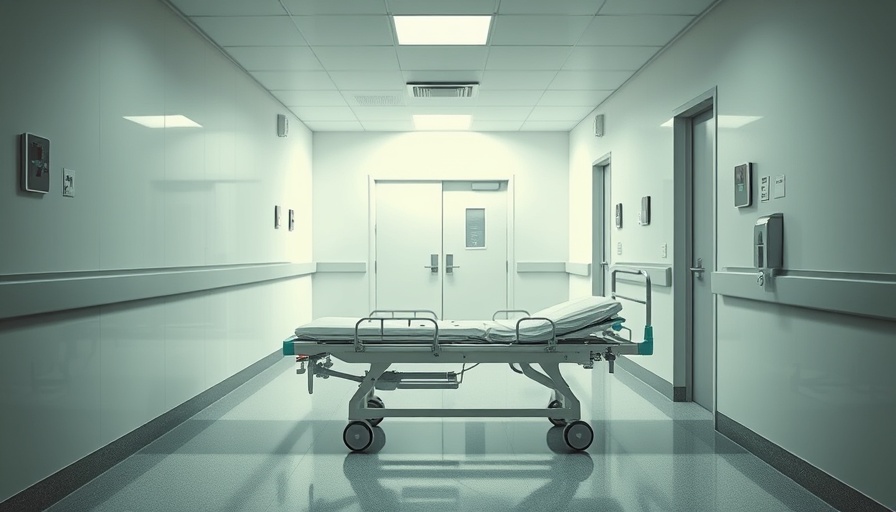 Texas rural hospital hallway with empty stretcher and medical room.