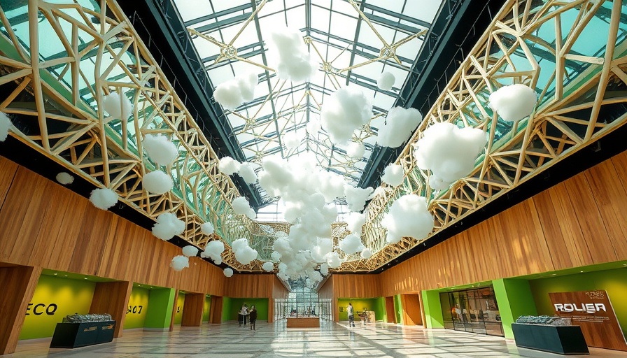 Futuristic lattice structures capturing CO₂ in modern architectural space.