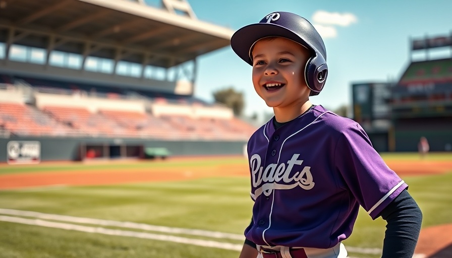 Baseball player in purple stands energized on sunny field, sports culture vibes.