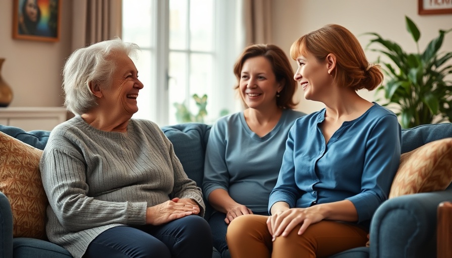 Elderly woman and caregiver sharing a joyful moment on a sofa.