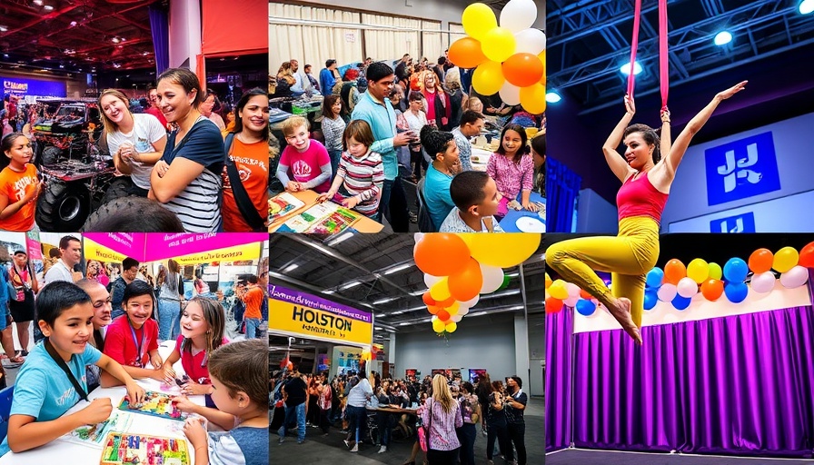 Lively collage of Houston events featuring crafts and performances.