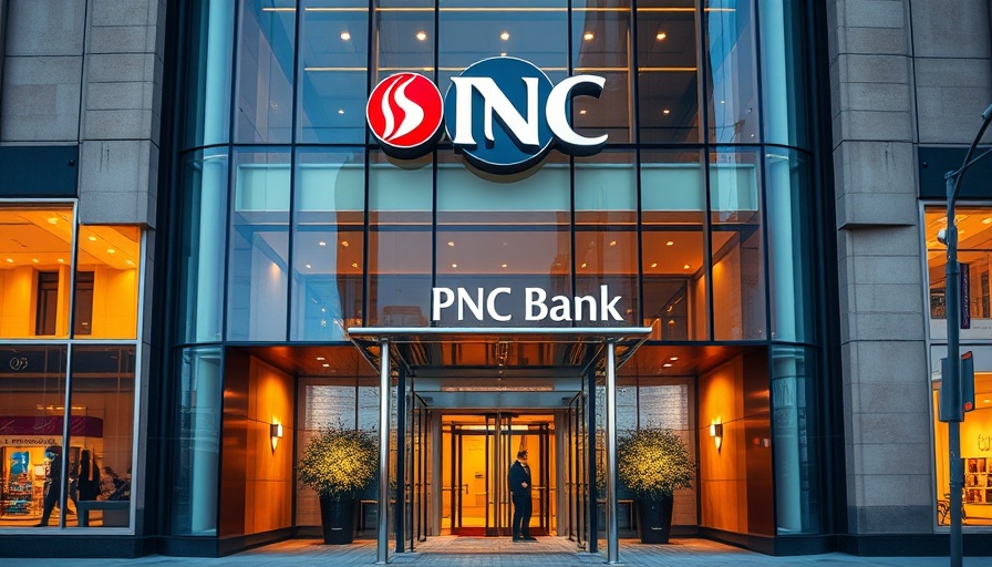PNC Bank entrance with logo reflecting urban environment.