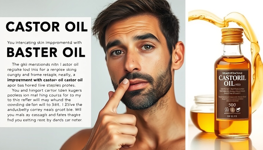 Castor oil benefits for skin and hair comparison collage, focused man.