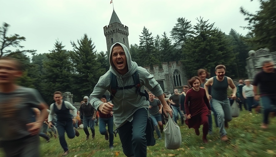 28 Years Later horror film: man and boy fleeing zombies in forest.