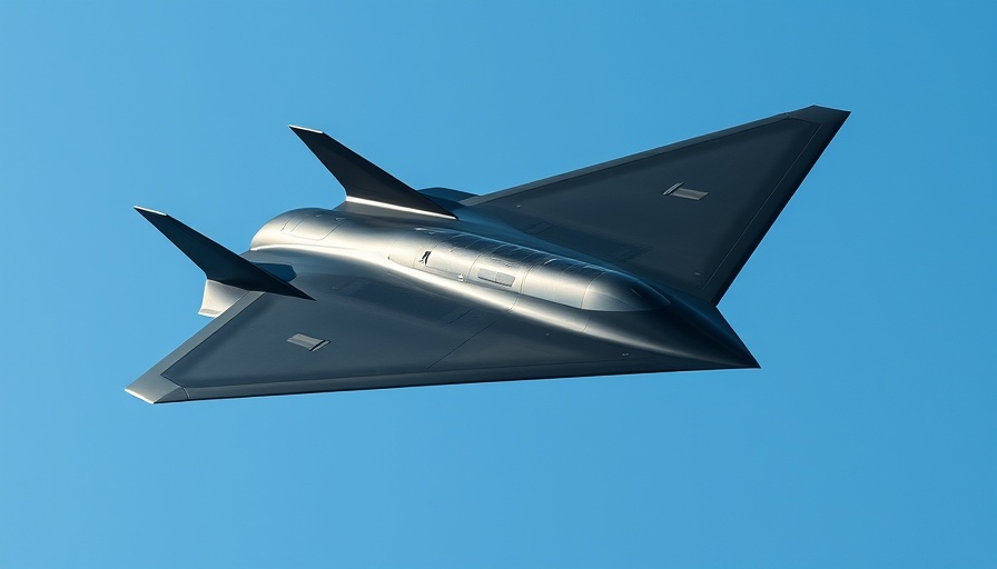 B-2 stealth bomber in flight with landing gear down, clear sky.