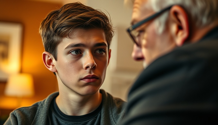 Concerned teenage boy conversing with an older man, intimate moment.