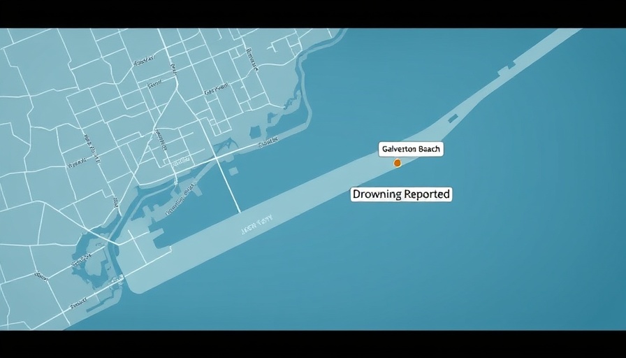 Map of Galveston Beach highlighting drowning incident location.