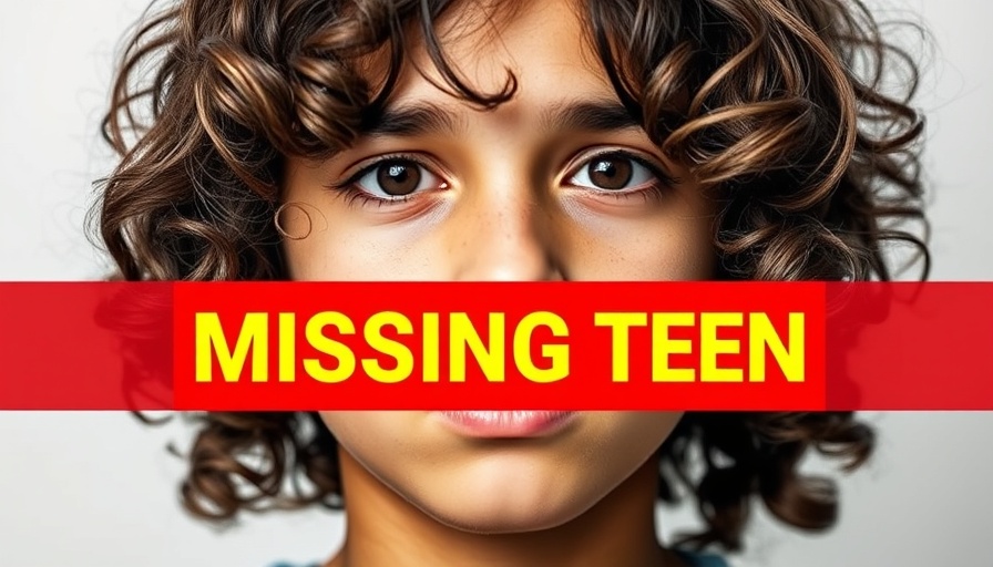 Portrait of missing teen with red text banner, Missing Teen