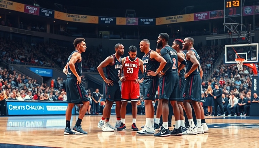Basketball players huddle after injury during NBA game.