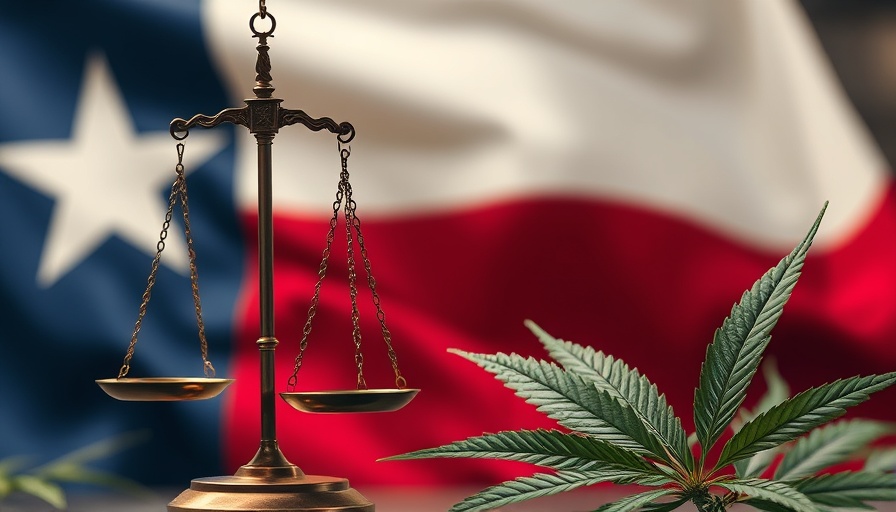 Texas THC Regulation abstract with scales, cannabis, and Texas flag