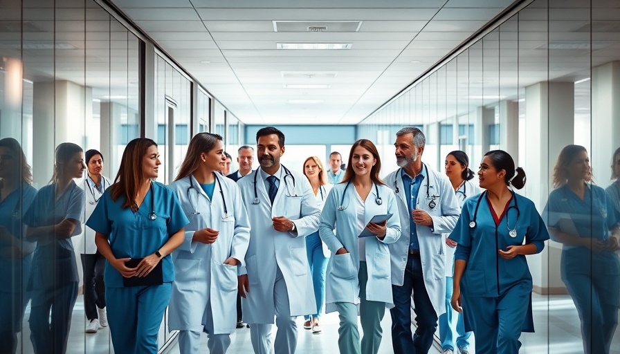 Healthcare professionals discussing in modern corridor, San Antonio.