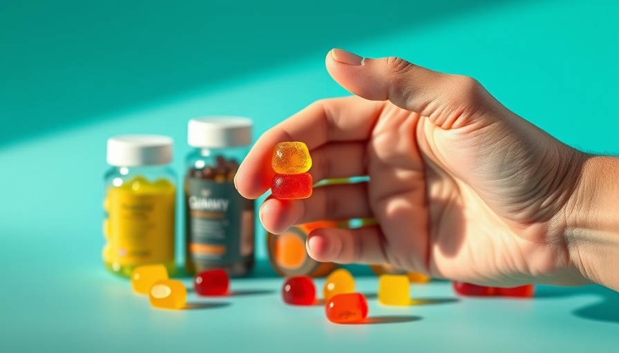 Colorful gut health supplements in gummy form with turquoise background.