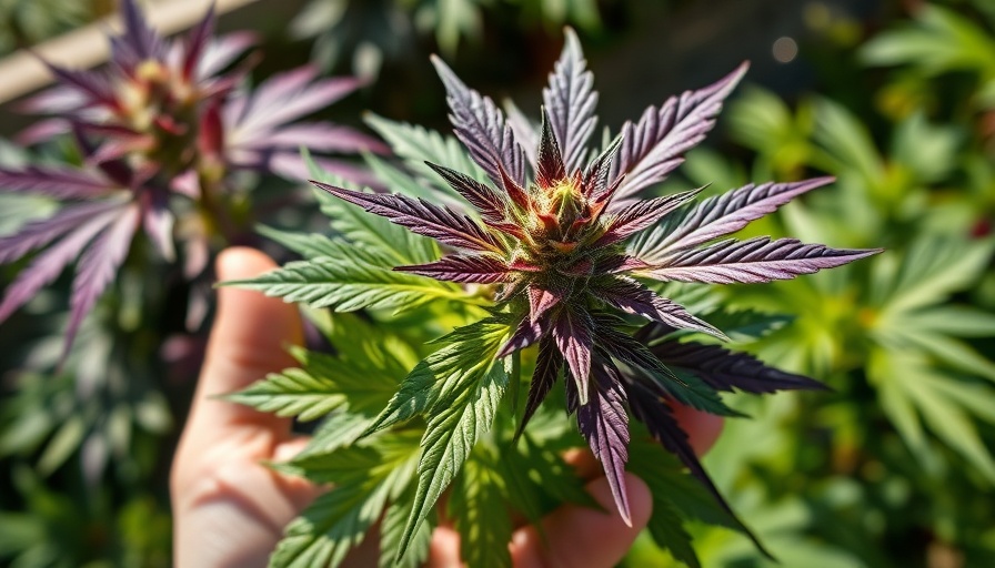 Hand holding cannabis plant in sunlight, Texas THC industry.