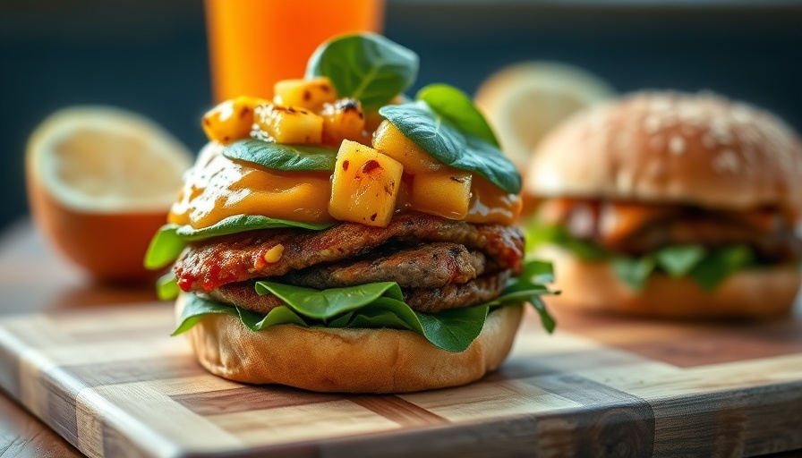 Jerk turkey burger with grilled pineapple sauce on a sesame seed bun.