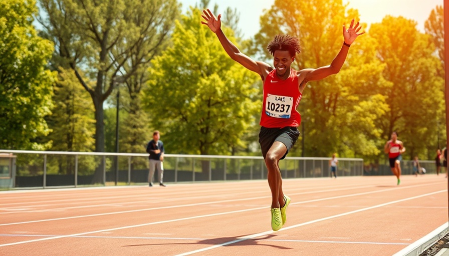 Athletes celebrating on track with a backflip, lively energy.