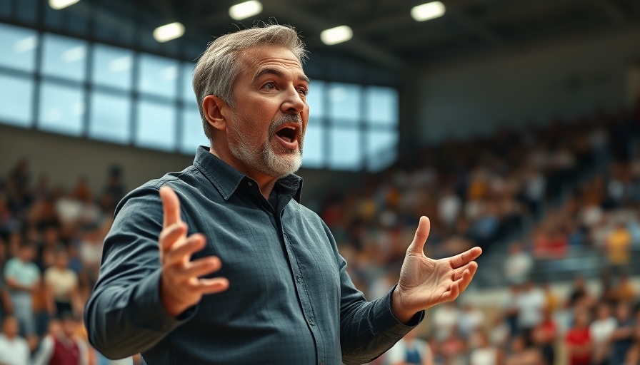 Middle-aged man animatedly speaking in a sports arena.
