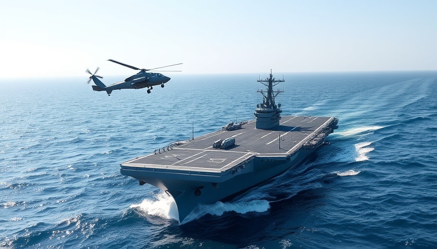 Aircraft carrier and warship in expansive ocean, Iran retaliation targets context.