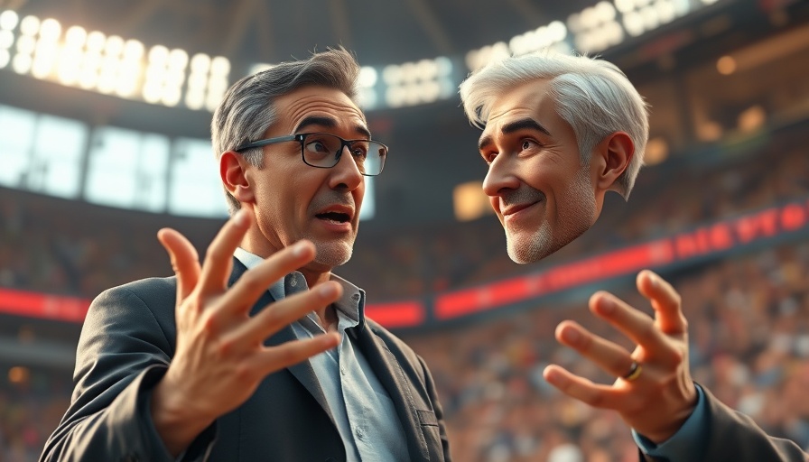 Middle-aged man animatedly gesturing at a sports event.