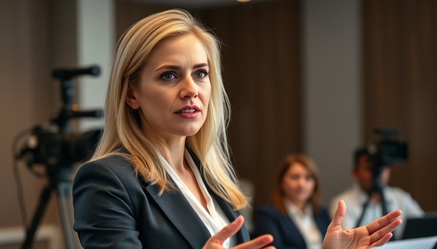 Blonde woman speaking in a formal setting with a camera in the background.
