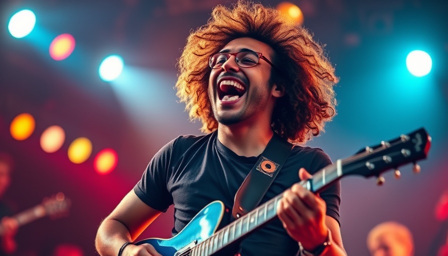 Austin musician joyfully playing guitar at mental health gala