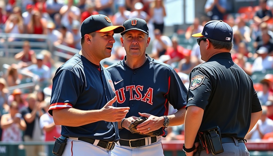 UTSA baseball coach in action with officials amidst dynamic stadium