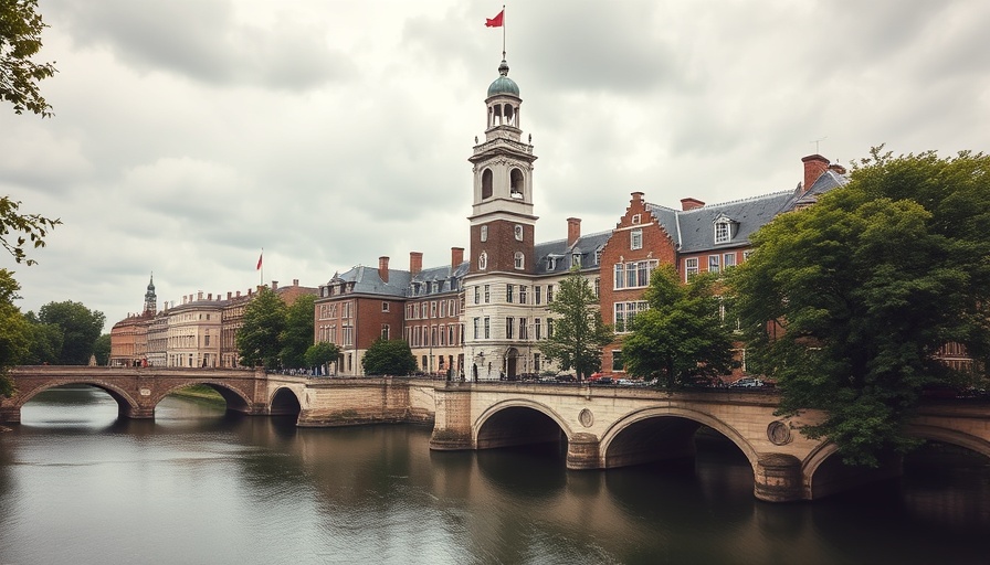 Historic university building with bridge and lush greenery.