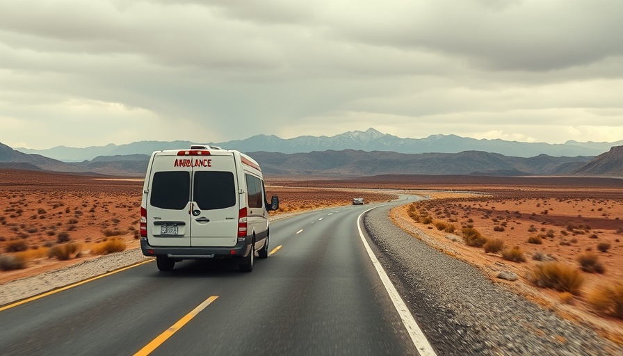 Ambulance on rural highway highlighting challenges of Medicaid cuts on rural hospitals.