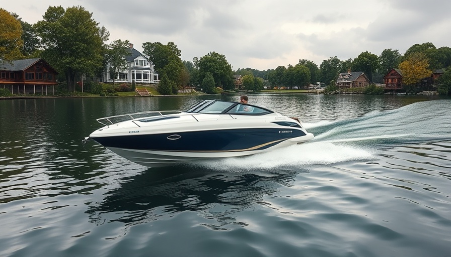 Speedboat on lake with waterfront homes, boating safety tips.