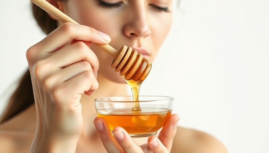 Young woman practicing natural skin care with honey dipper.