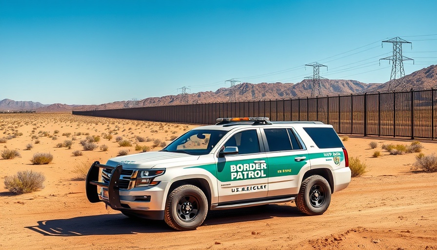 U.S. Border Patrol vehicle by border fence in desert landscape.