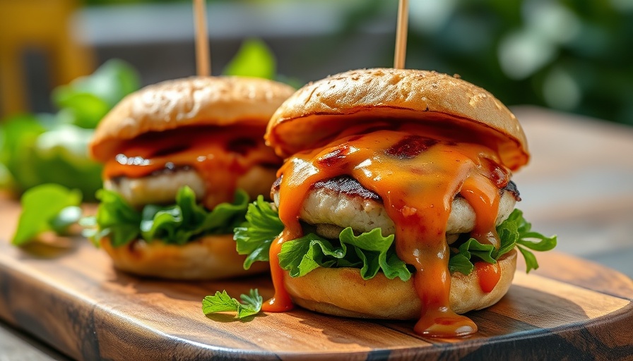 Gourmet jerk turkey burgers with grilled pineapple sauce on a board.
