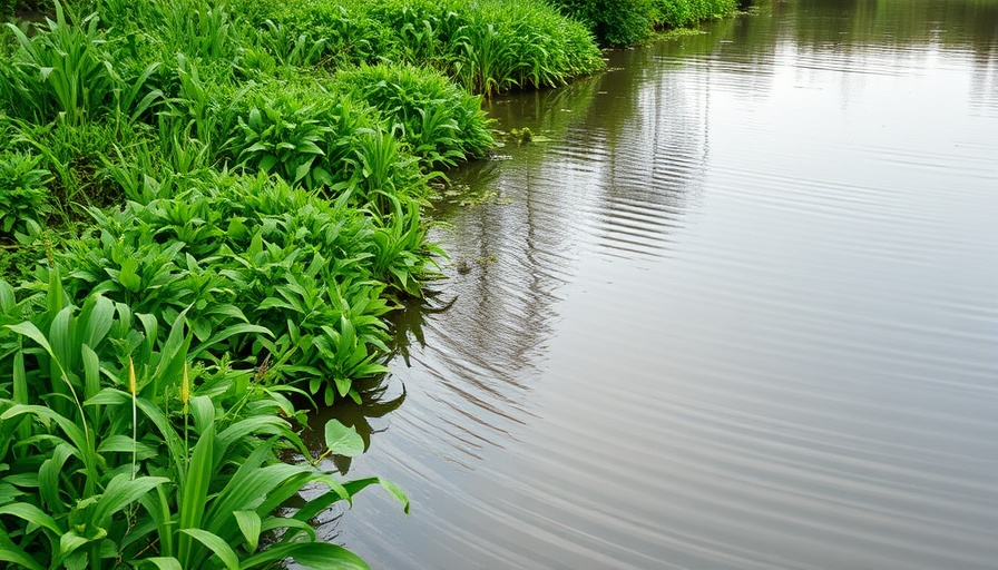 Riverbank with murky water at West Nishnabotna River, possible petroleum spill.
