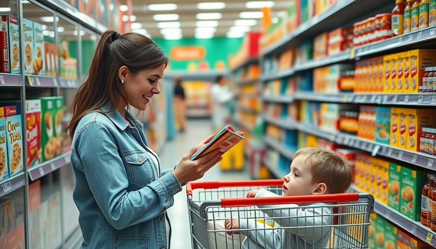Woman shopping in grocery aisle with child in cart, examining food package.