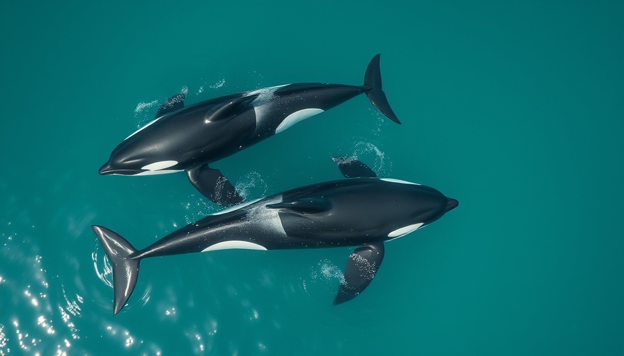 Killer whales swimming together in clear ocean water.