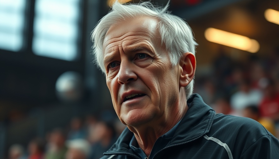 Elderly man in sports attire speaking at a sports event.