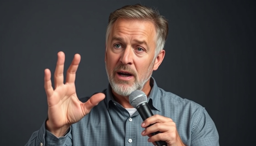 Mature man in interview setting, expressing with hand gestures.